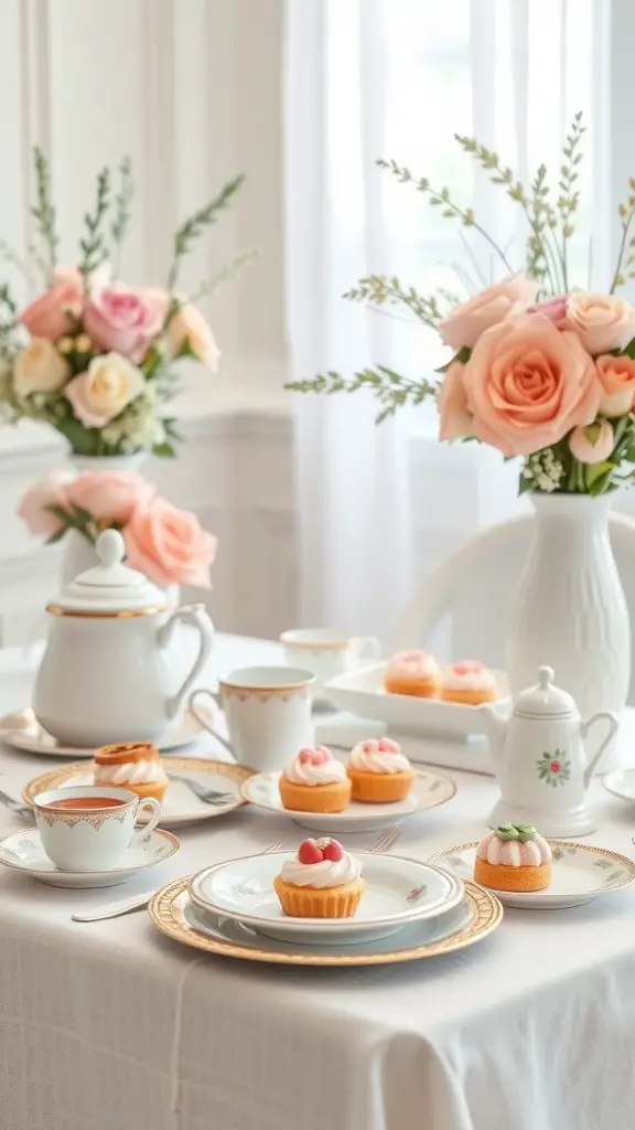 25 Creative Baby Shower Themes for September Celebrations 15 A beautifully set table for a tea party featuring fine china, floral arrangements, and assorted pastries.