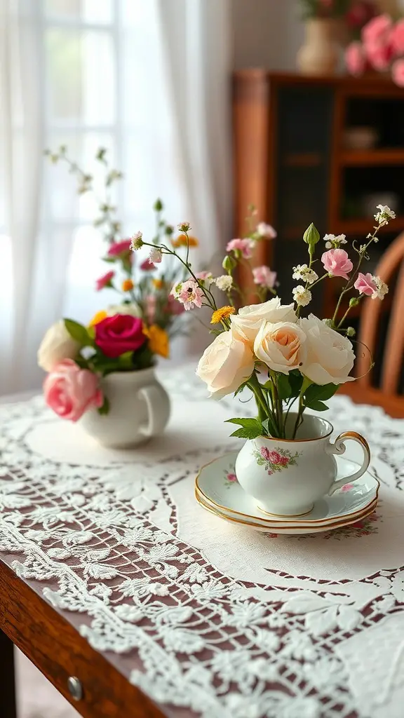 Two elegant teacup floral arrangements with various flowers on a lace tablecloth