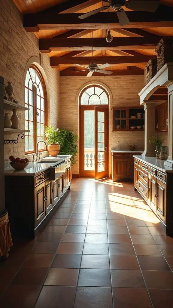 A beautifully designed kitchen featuring elegant terra cotta tile flooring, wooden cabinetry, and large windows allowing natural light.