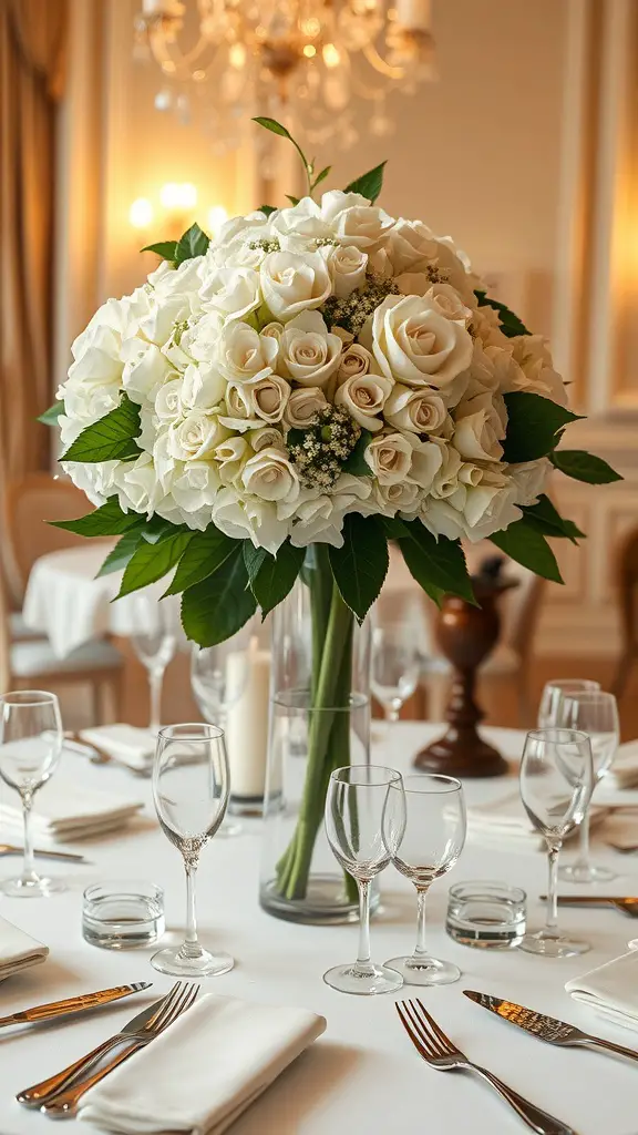 A beautiful arrangement of white hydrangeas and roses in a tall glass vase, set on a dining table with elegant tableware.