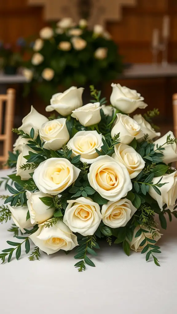 Bouquet of white roses surrounded by green foliage