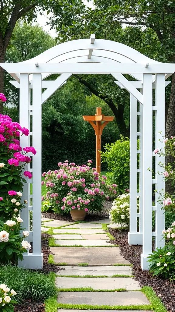 19 Creative Garden Arbor Ideas You’ll Love 4 A white vinyl arbor surrounded by colorful flowers and a stone path
