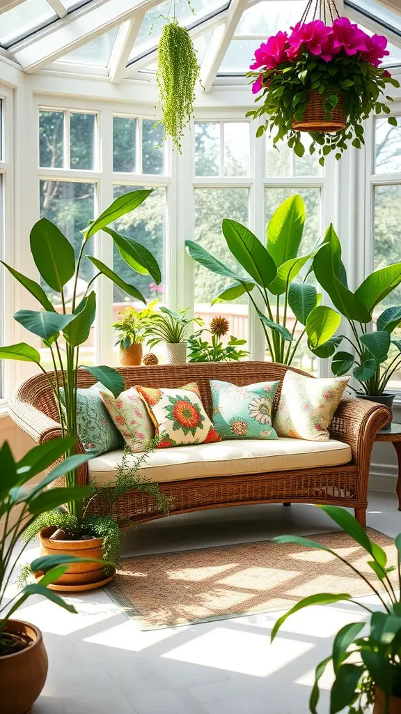 Cozy sunroom with a wicker sofa set, colorful cushions, and lush green plants.