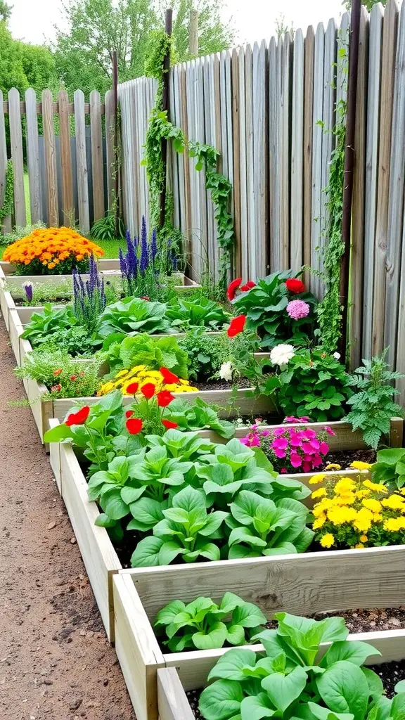 13 Stunning Backyard Makeover Ideas for Your Outdoor Oasis 10 A series of raised plant beds filled with colorful flowers and leafy greens, bordered by a wooden fence.