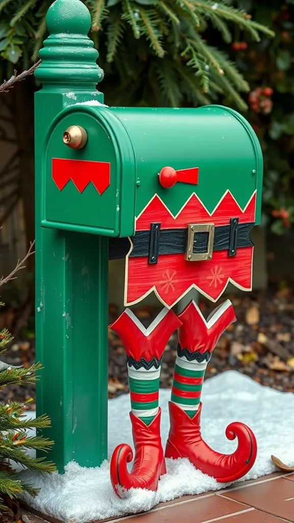 A green mailbox decorated like an elf, featuring red boots and stripes, surrounded by snow.
