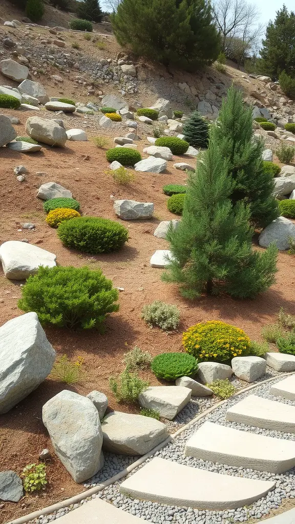 21 Stunning Landscaping Ideas Featuring Large Rocks 5 A hillside with large rocks and colorful plants, featuring a winding path.