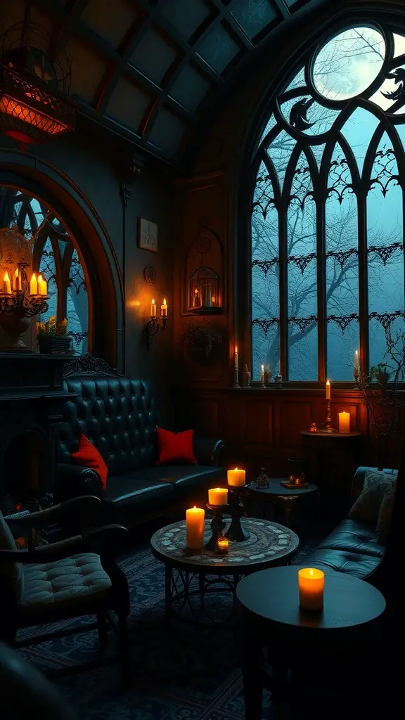 Cozy gothic seating area with candles and rich textures