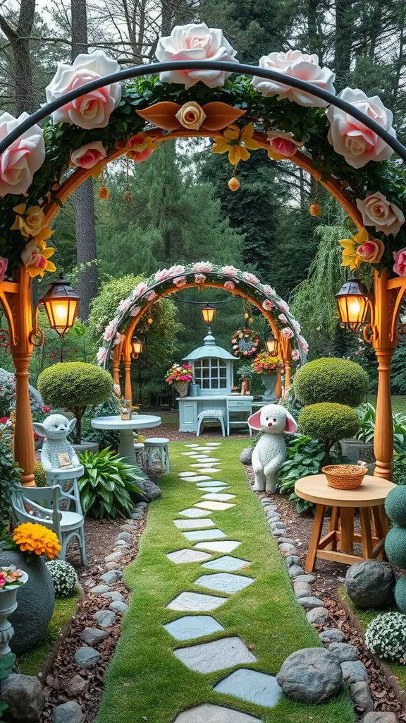 27 Creative Enclosed Garden Ideas for Your Outdoor Oasis 4 A fairy-tale garden with arches adorned with flowers, a stone pathway, and cute animal decorations.