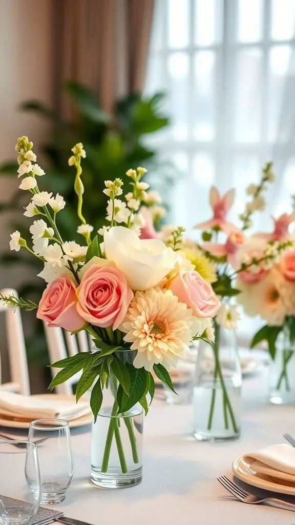 Beautiful flower arrangements featuring pink roses, white orchids, and yellow daisies in clear glass vases.