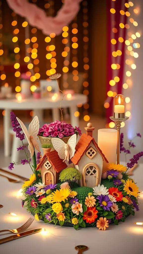 A fairy garden themed table centerpiece with miniature houses, flowers, and candles.