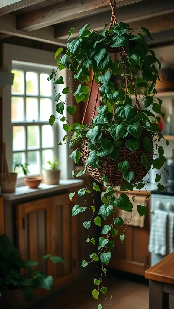 15 Stunning Indoor Hanging Plants to Transform Your Space 13 Hanging English Ivy in a woven basket inside a cozy kitchen