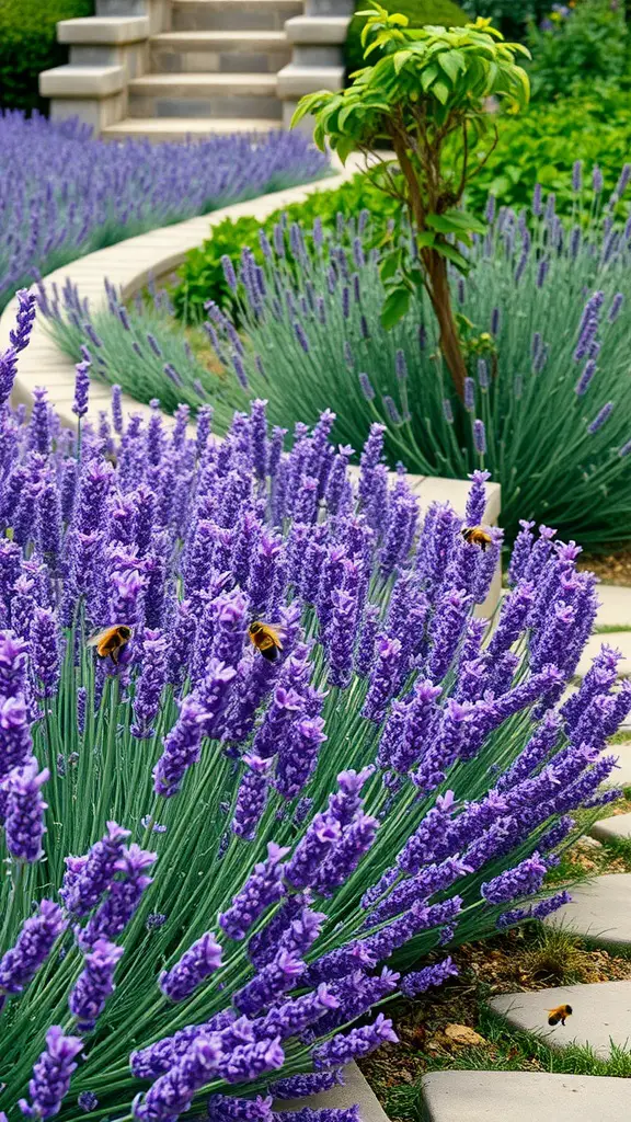 A beautiful garden featuring blooming English lavender along a winding path with bees hovering around the flowers.