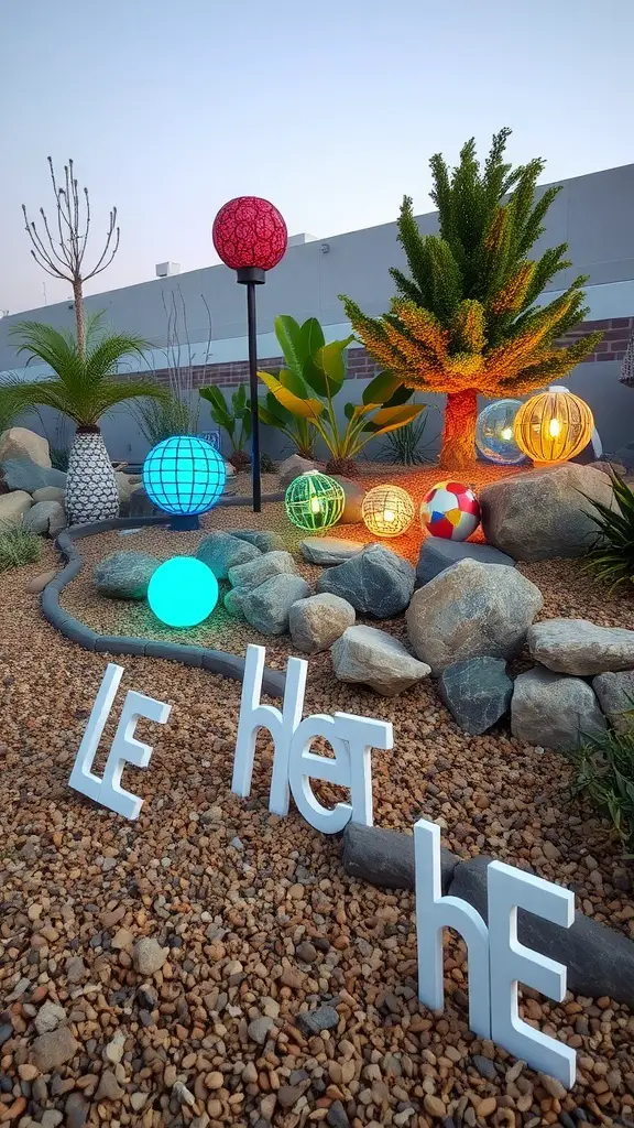 15 Innovative Dry Rock Bed Ideas for Effective Drainage Solutions 17 A colorful dry rock bed featuring decorative lights, plants, and playful lettering.