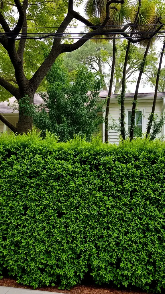 19 Stunning Landscaping Ideas for Your Home's Exterior 16 A dense green hedge in front of trees and a house, enhancing privacy and adding natural beauty.