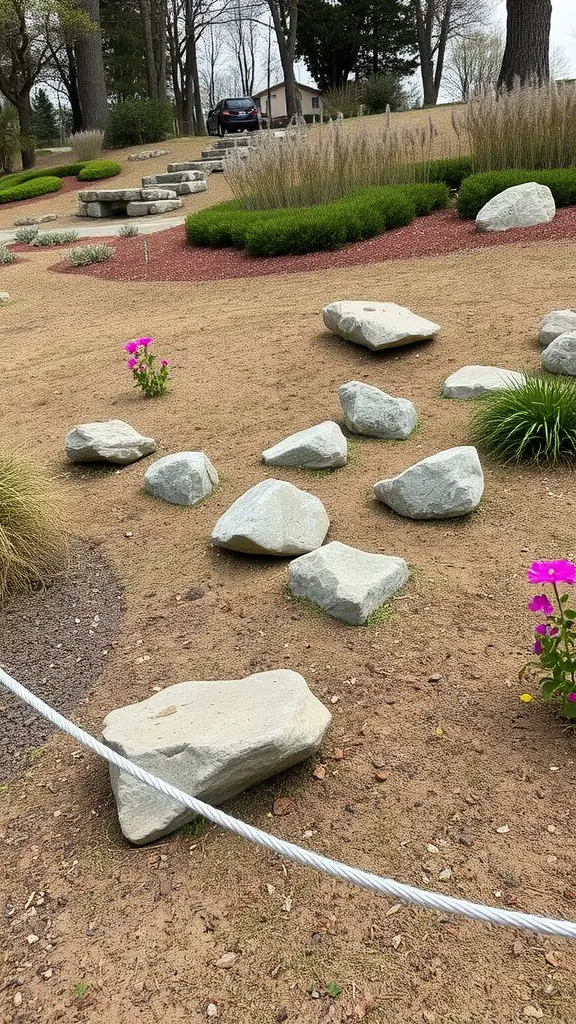 21 Stunning Landscaping Ideas Featuring Large Rocks 16 Landscape with large boulders among greenery and flowers, enhancing slope stability.