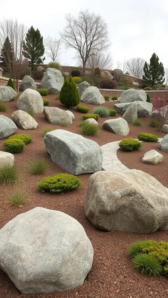 21 Creative Sloped Backyard Landscaping Ideas You’ll Love 7 A landscaped sloped backyard featuring decorative boulders, green shrubs, and a stone pathway.