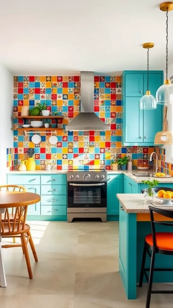 23 Stunning Open Kitchen Ideas for a Modern Home 14 A vibrant open kitchen featuring a colorful tile backsplash with turquoise cabinets and wooden furniture.