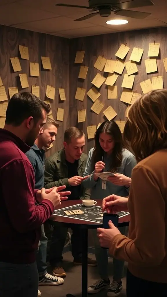 19 Fun Games for Adults to Enjoy at Your Next Gathering 2 A group of adults participating in an escape room challenge, focused on solving puzzles at a table.