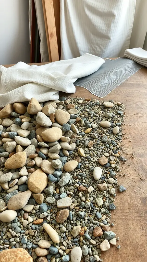 Variety of stones and pebbles arranged on a wooden surface