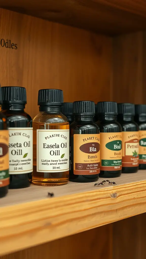 15 Effective DIY Indoor Ant Repellents You Can Make at Home 2 A wooden shelf displaying various bottles of essential oils, showcasing options for natural ant repellents.