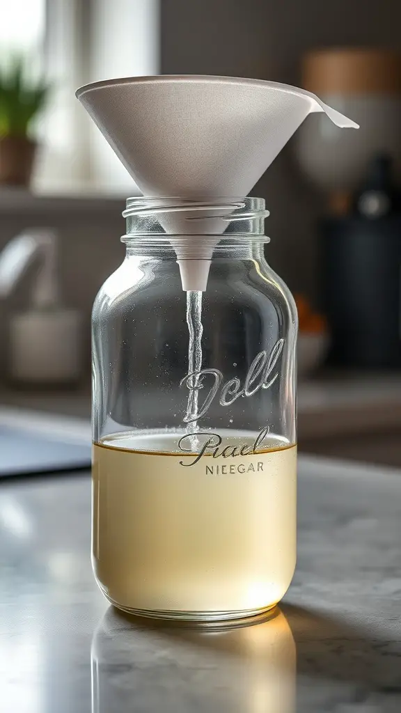 A funnel placed on a jar filled with vinegar, showing a simple fruit fly trap setup.