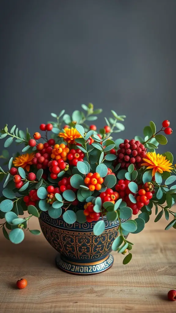 25 Stunning Eucalyptus Centerpiece Ideas for Every Occasion 11 Eucalyptus and berry floral arrangement in a decorative bowl