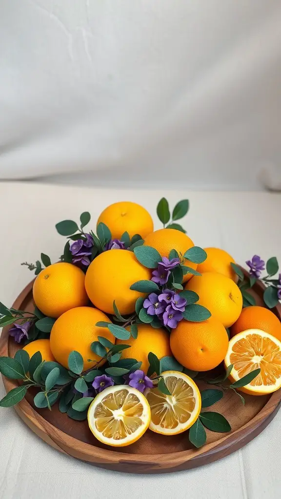 25 Stunning Eucalyptus Centerpiece Ideas for Every Occasion 2 A wooden platter filled with oranges, lemon slices, eucalyptus leaves, and purple flowers, creating a vibrant centerpiece.