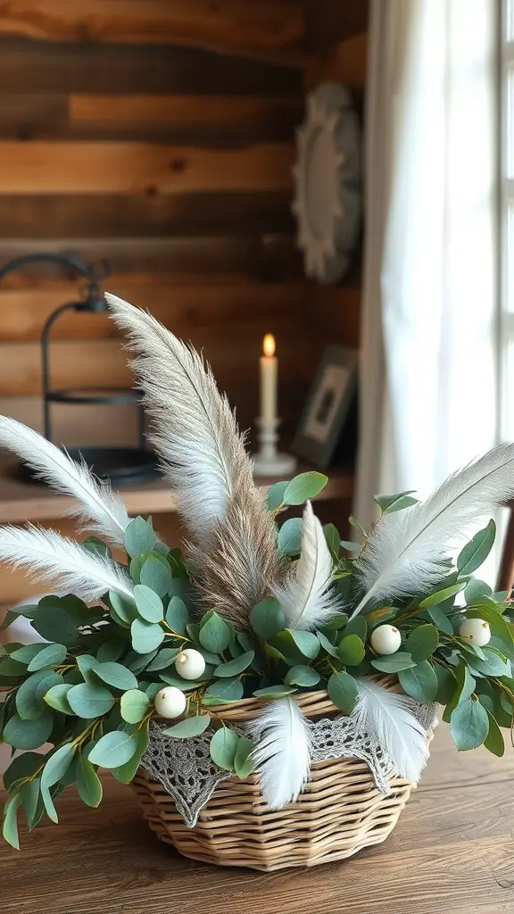 25 Stunning Eucalyptus Centerpiece Ideas for Every Occasion 15 A bohemian style centerpiece featuring eucalyptus and feathers in a wicker basket with a lace trim.