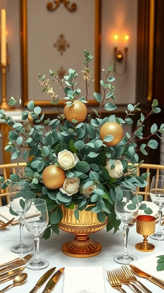 25 Stunning Eucalyptus Centerpiece Ideas for Every Occasion 16 A glamorous centerpiece featuring eucalyptus leaves, white roses, and golden ornaments in an elegant gold vase.
