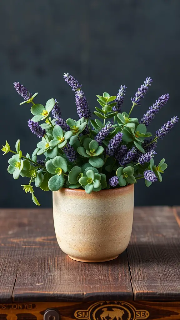 25 Stunning Eucalyptus Centerpiece Ideas for Every Occasion 6 A beautiful arrangement of eucalyptus and lavender in a neutral pot on a wooden table.