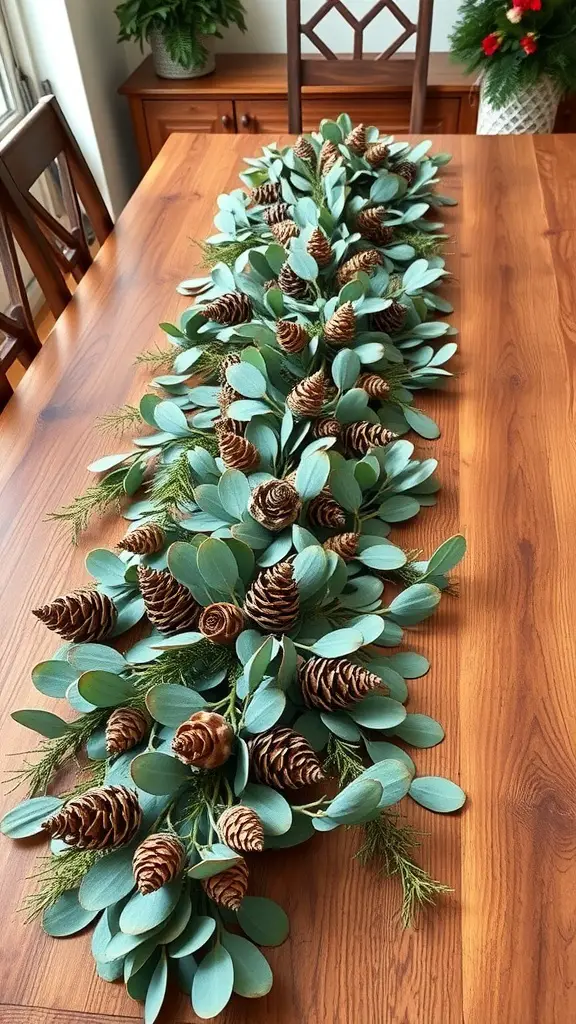 25 Stunning Eucalyptus Centerpiece Ideas for Every Occasion 10 A decorative table runner made of eucalyptus leaves and pinecones on a wooden table.