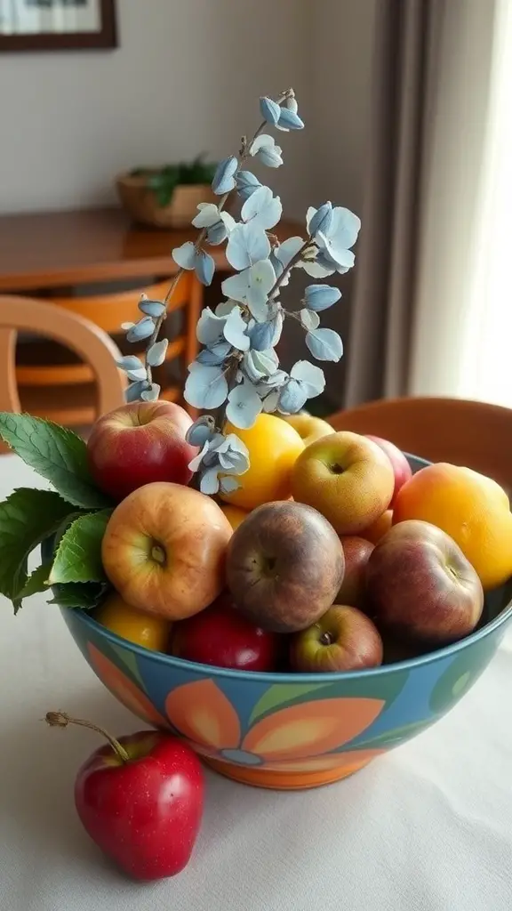 25 Stunning Eucalyptus Centerpiece Ideas for Every Occasion 17 A colorful bowl filled with various fruits including apples and oranges, adorned with eucalyptus sprigs.