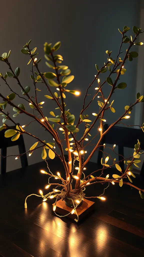 25 Stunning Eucalyptus Centerpiece Ideas for Every Occasion 14 Eucalyptus branches with string lights creating a cozy centerpiece