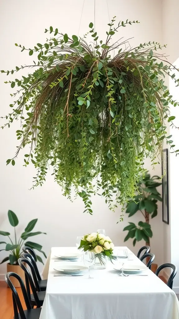 25 Stunning Eucalyptus Centerpiece Ideas for Every Occasion 8 A beautiful eucalyptus hanging installation above a dining table with a simple floral centerpiece.