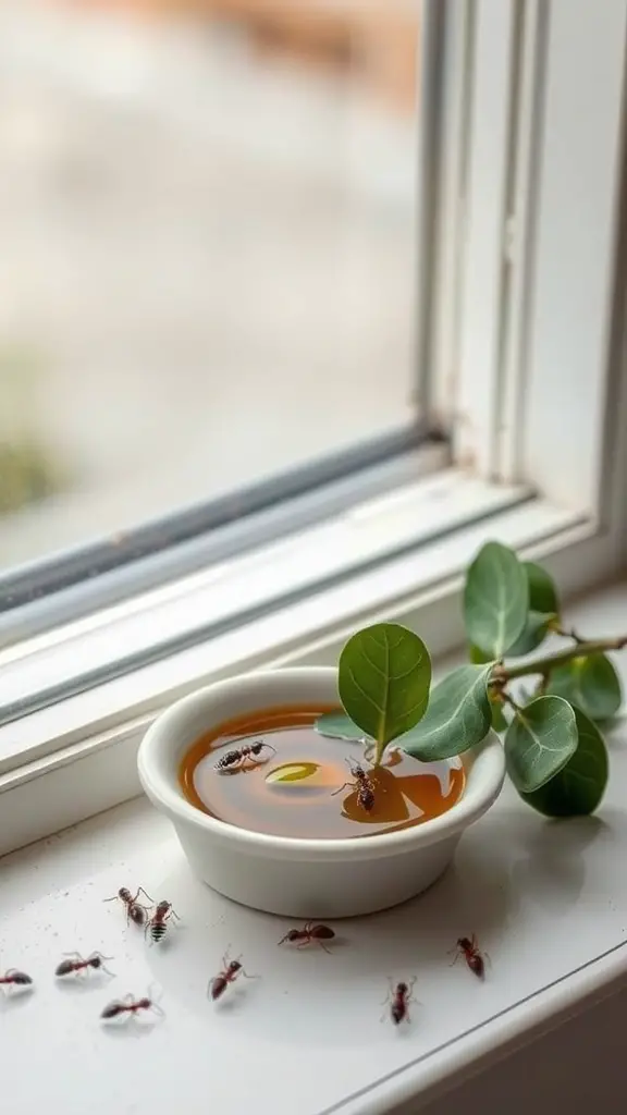 15 Effective DIY Indoor Ant Repellents You Can Make at Home 13 A small dish of eucalyptus oil mixed with water, placed by a window with ants around it.