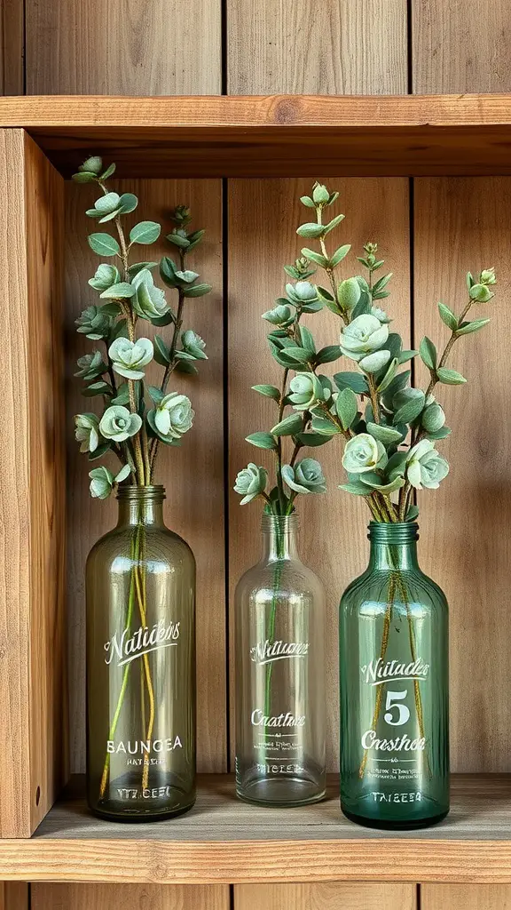 25 Stunning Eucalyptus Centerpiece Ideas for Every Occasion 13 Three vintage bottles containing eucalyptus sprigs on a wooden shelf.