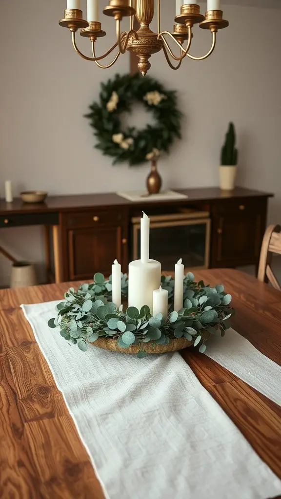 25 Stunning Eucalyptus Centerpiece Ideas for Every Occasion 5 Eucalyptus wreath centerpiece with candles on a wooden table, with a light-colored table runner.
