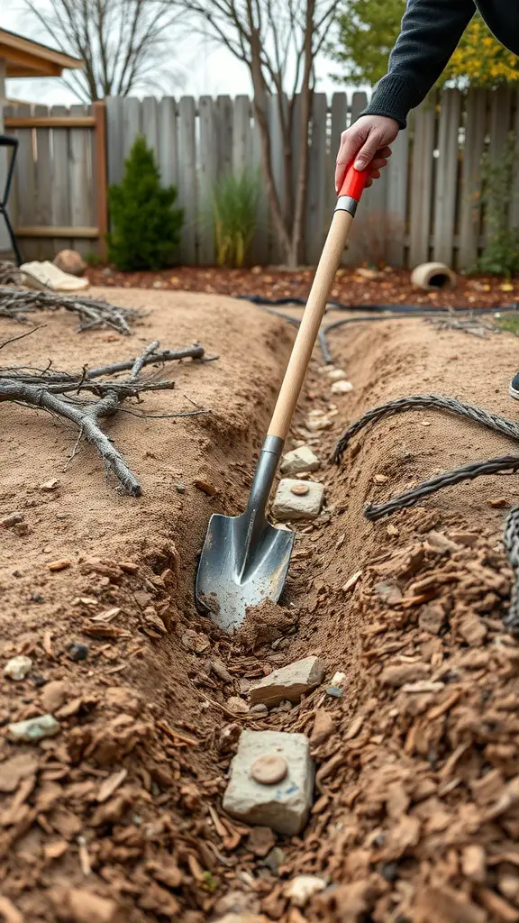 A person shoveling soil to excavate a trench for a dry creek bed, surrounded by sticks and stones.