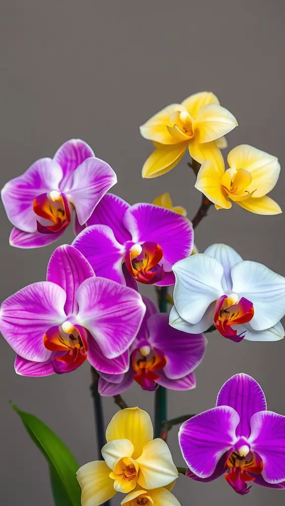 19 Colorful Plant Ideas to Brighten Your Space 11 A vibrant display of orchids featuring purple, yellow, and white blooms.