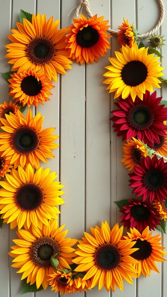 A colorful wreath made of sunflowers in shades of yellow, orange, and red, arranged on a wooden background.