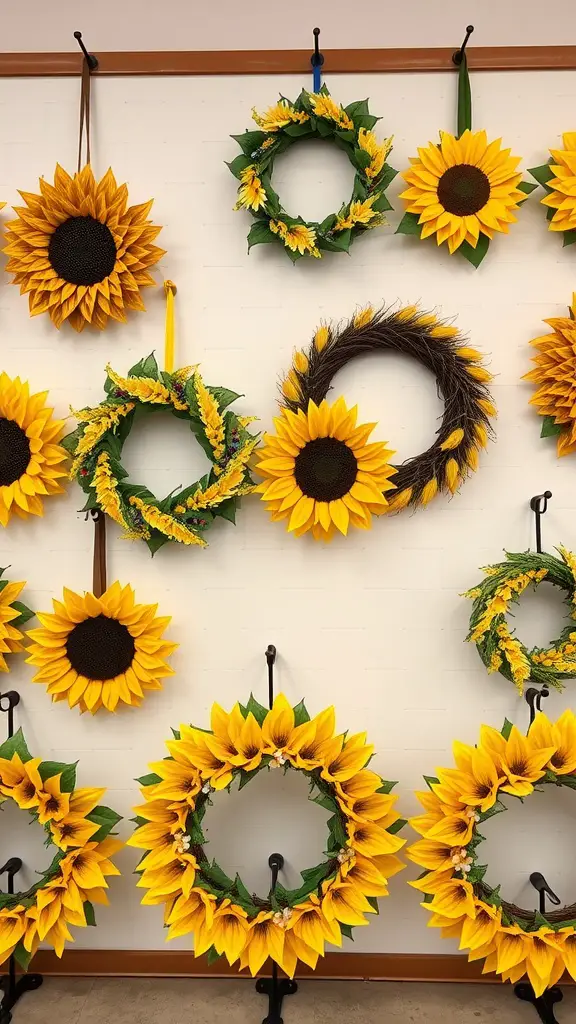 An assortment of sunflower wreaths in various shapes and sizes hanging on a wall.