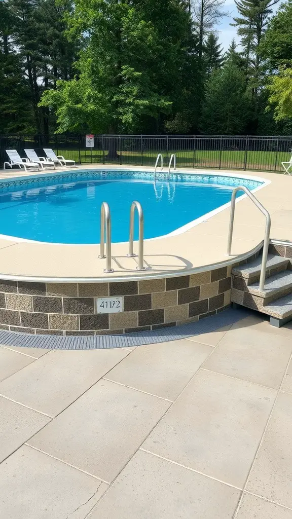 21 Stunning Above Ground Pool Deck Designs for Your Backyard 12 Above ground pool with safety features including a deck, stairs, and surrounding fence.