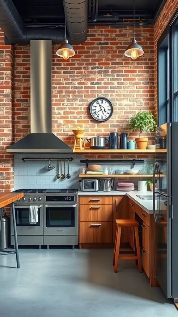 A modern industrial kitchen featuring exposed brick walls, wooden cabinets, and pendant lighting.