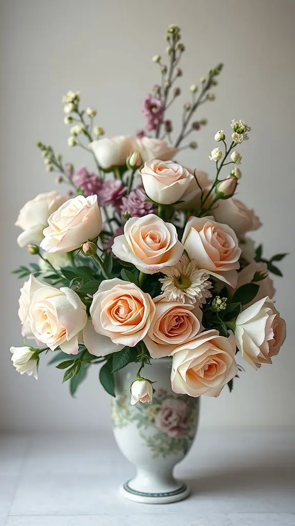 21 Stunning Flower Bouquet Ideas for Every Occasion 16 A bouquet featuring peach and cream garden roses along with delicate lisianthus and greenery in a vintage vase.