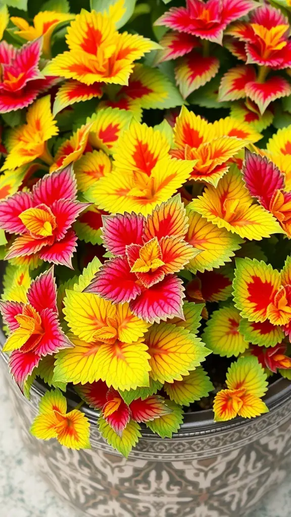 19 Colorful Plant Ideas to Brighten Your Space 9 Vibrant Coleus plants with red and yellow leaves in a decorative pot