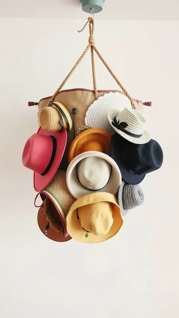 19 Creative Hat Storage Ideas for Every Space 16 Hats stored in a fabric bag hanging from the ceiling