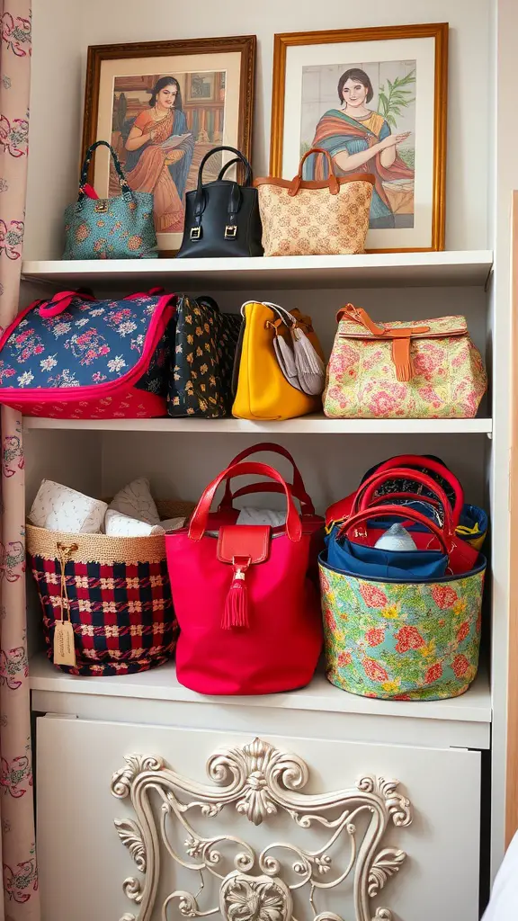 A collection of fabric and leather purses stored on shelves with fabric storage baskets.
