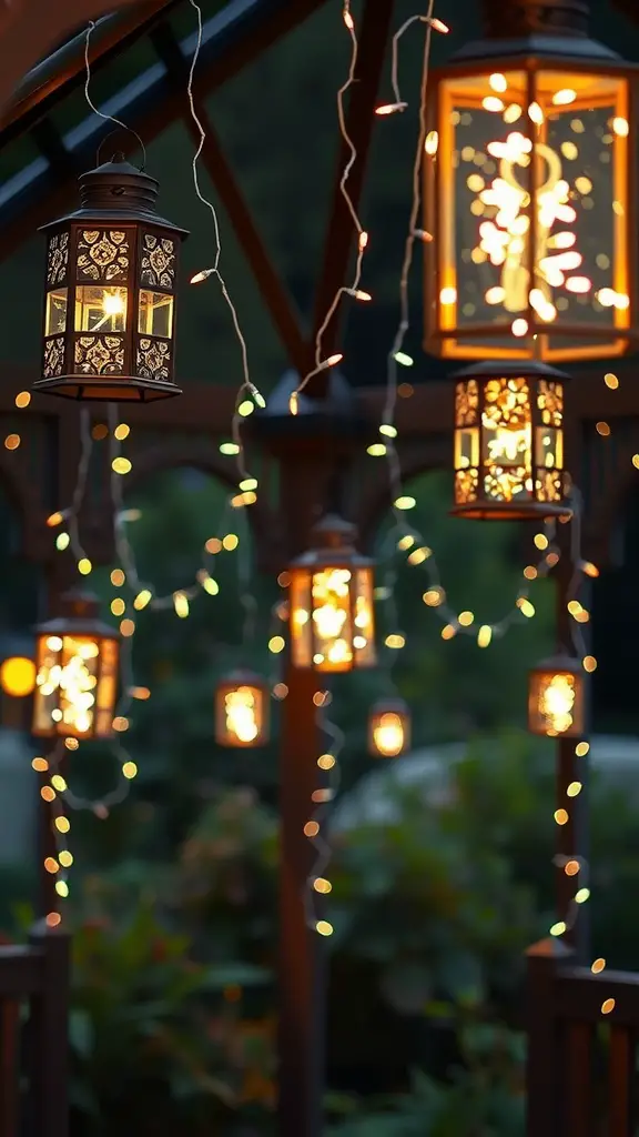 21 Creative Garden Lantern Ideas to Illuminate Your Outdoor Space 13 A collection of fairy light lanterns hanging with soft lights glowing inside, creating a warm atmosphere in a garden.