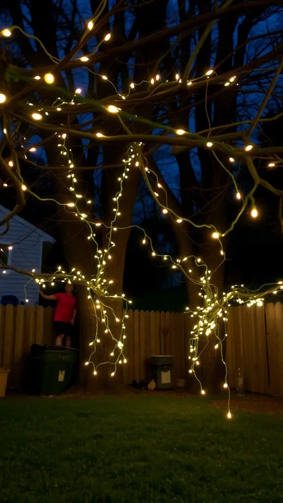 17 Stunning Backyard String Lights to Transform Your Outdoor Space 9 Twinkling fairy lights wrapped around tree branches in a backyard at night