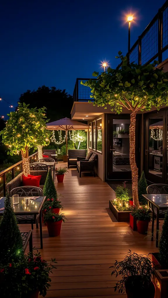 13 Creative Terrace Garden Ideas for Your Home 10 A beautifully lit terrace garden with fairy lights and greenery during the evening.
